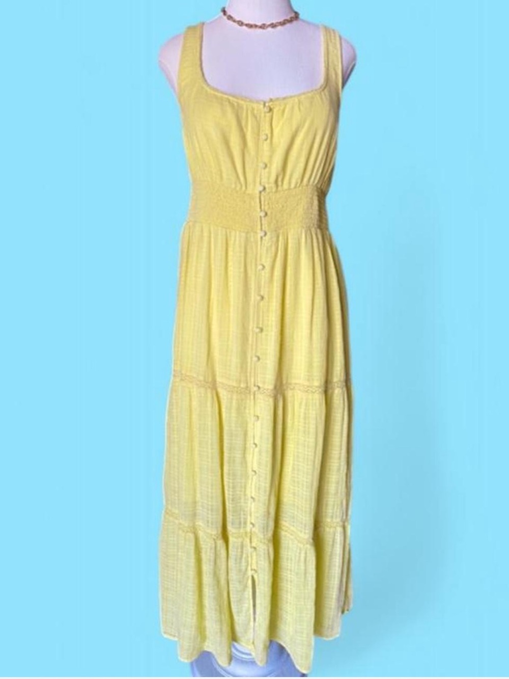 American Eagle Outfitters Yellow Tiered Button-Front Maxi Dress